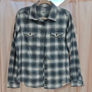 Carhartt L 12-14 Womans Blue and White Plaid Button-Up Shirt, In Great Condition